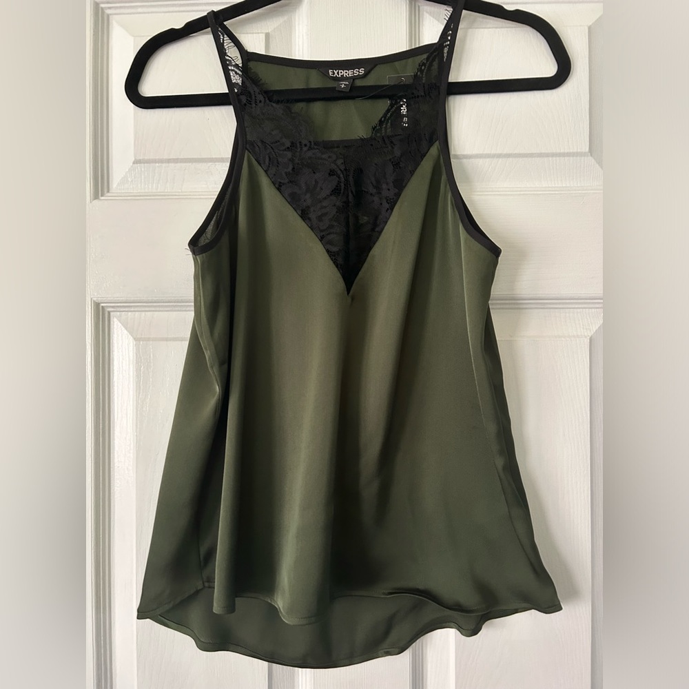 NWT Express Green Satin Sleeveless Blouse with Black Lace, Size Small